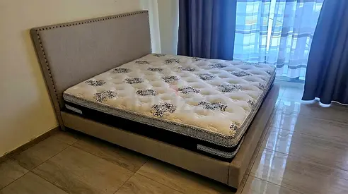 Queen fabric bed frame with mattress - excellent condition
