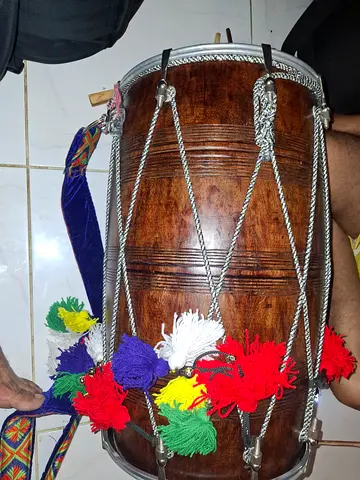 Traditional Double-Sided Wooden Dhol Drum with Straps and Tassels