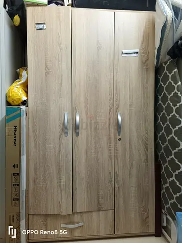 3-Door Wooden Wardrobe with Drawers - Light Oak Finish