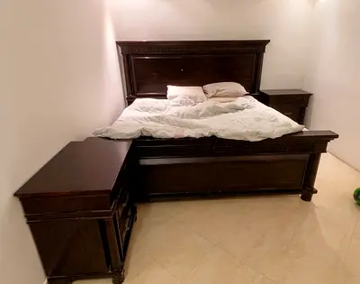 Solid Dark Wood King Bed Frame with Matching Nightstands - Good Condition