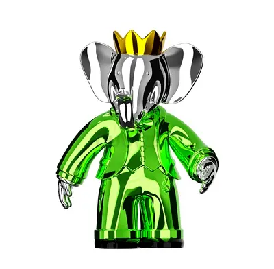 Babolex original: Chrome  Green Elephant Figurine with Gold Crown - Modern Collectible Statue