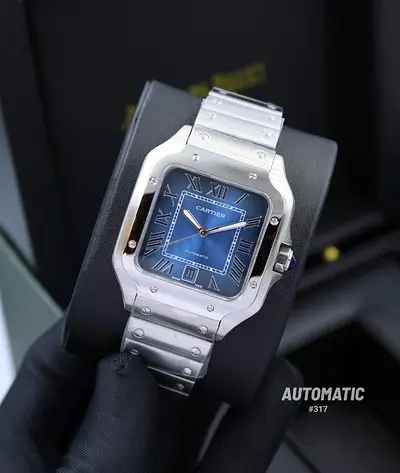 Cartier Santos Stainless Steel Automatic Master Copy Watch - Blue Dial