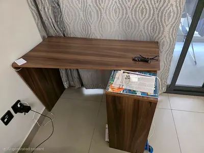 Compact walnut study desk with storage side cabinet