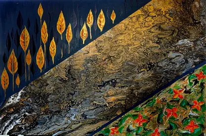 Abstract Triptych-Style Acrylic Painting with Gold, Leaves and Floral Panels