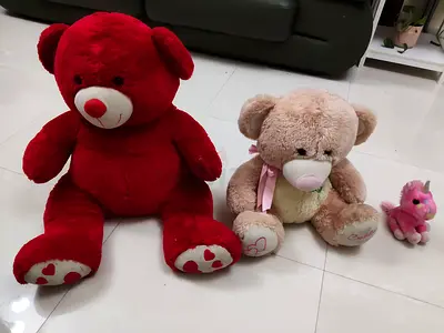 Set of 3 Plush Toys — Large Red Bear, Beige Teddy, and Small Pink Unicorn