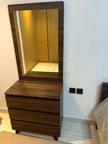 Wooden Dresser with Mirror and 3 Drawers - Dark Walnut Finish