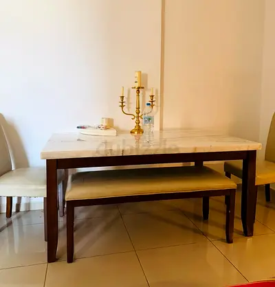 Wooden Dining Table with Marble Top and Matching Bench - Good Condition