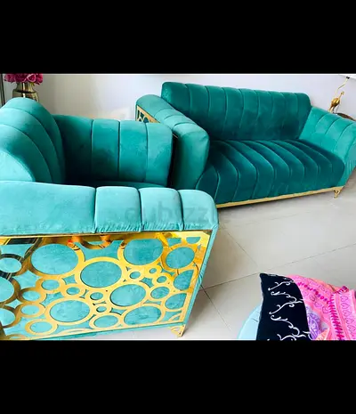 Teal Velvet 3-Seater Sofa and Armchair Set with Gold Decorative Frame