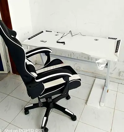 White Height-Adjustable Gaming/Study Desk with Ergonomic Chair