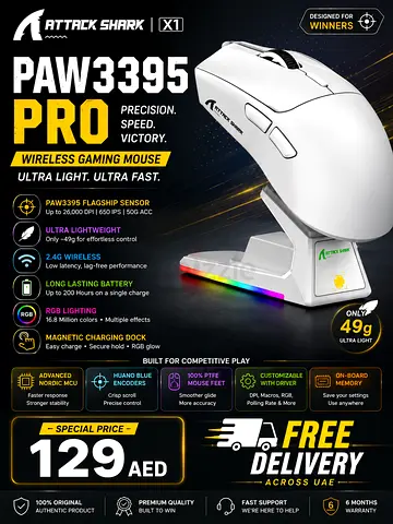Attack Shark PAW3395 Pro Wireless Gaming Mouse (White) - Like New