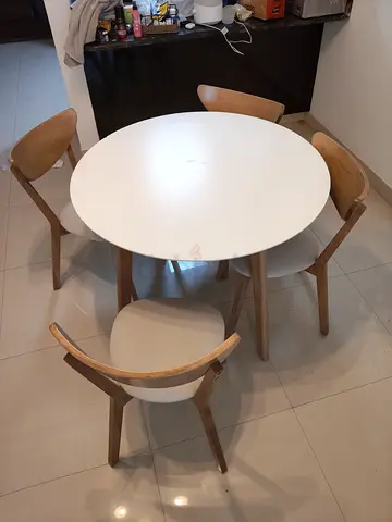 Round White Dining Table with 4 Wooden Chairs - Compact Set