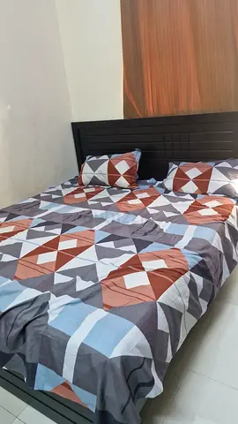 Queen Bed Frame with Mattress and Geometric Bedding (Used)