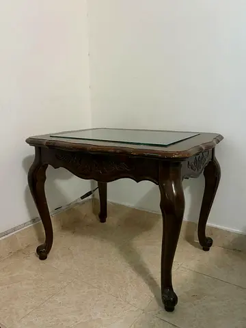 Solid Wood Carved Side Table with Glass Top