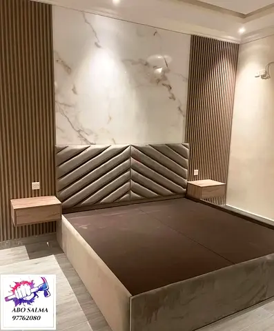 Modern upholstered platform bed with built-in floating bedside tables
