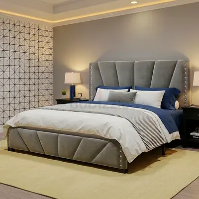 Nailhead cross lines head and foot board queen velvet bed
