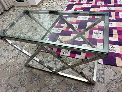 Glass Top X-Base Coffee Table with Chrome Frame - Good Condition