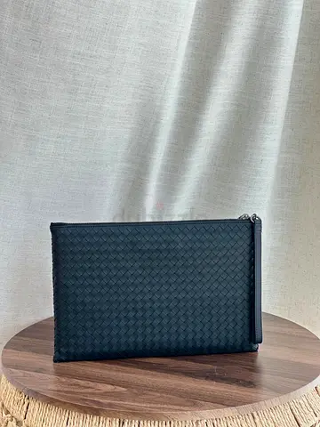 Bottega Veneta Black Woven Leather Zip Clutch Pouch