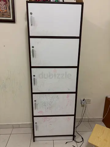 Tall 5 Door Wardrobe / Storage Cabinet — White Doors, Dark Frame