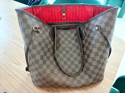 Brown Checkered Tote Bag with Red Interior - Spacious Everyday Handbag