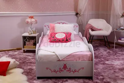 White and Pink Princess Toddler Bed with Mattress - Good Condition