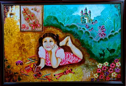 Original Framed Folk-Style Painting of Girl Reading with Castle Landscape (60 x 90) cm