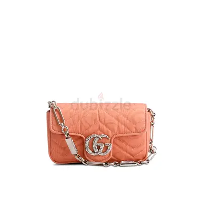 Authentic Gucci Pink Moire Fabric Calfskin Crystal Matelasse Mini GG Marmont Chain Belt Bag