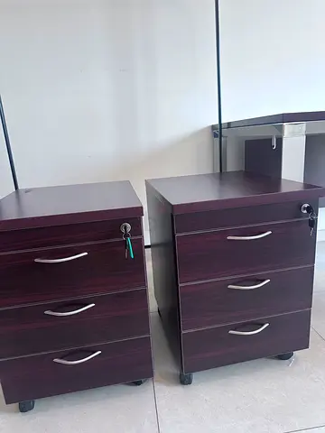 Set of desk, ergonomic chair and 2 Mobile Office Pedestals with Locking Drawers - Dark Wood Finish