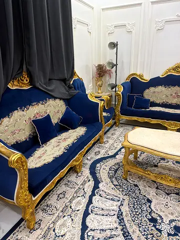 Blue and Gold Vintage-Style Living Room Sofa Set with Matching Rug