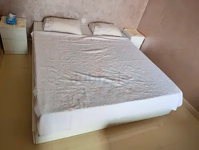 Queen size bed frame with 2 matching bedside tables and sofa 3 sets and 1 set- white, good condition