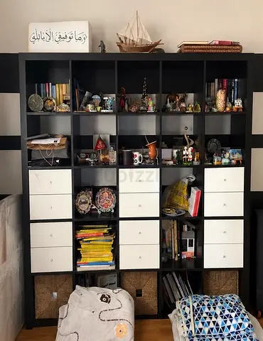 Large Black Modular Bookcase with Drawers and Shelving - Good Used Condition