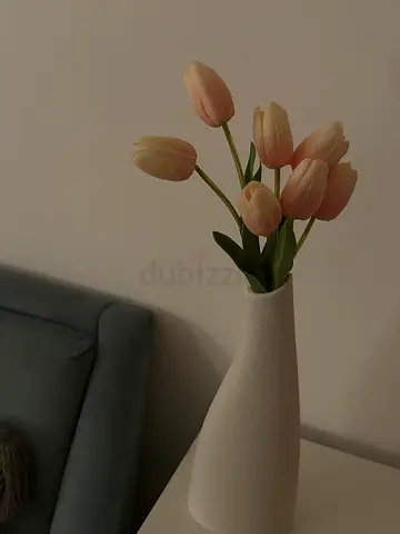 White Decorative Vase with Faux Pink Tulips