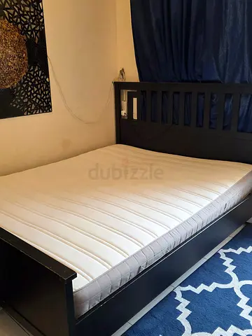 Black Wooden Double Bed Frame with Mattress - Good Condition