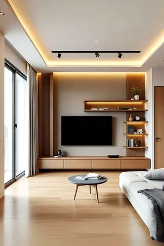 Modern Wall-Mounted Entertainment Unit with Floating Shelves and TV Console