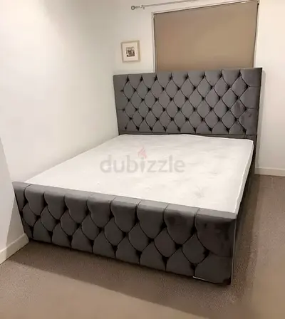 Grey Tufted King Size Bed with Headboard and Footboard - Good Condition