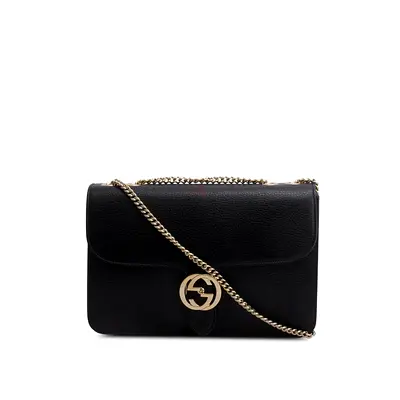 Authentic Gucci Black Calfskin Leather Medium Dollar Interlocking GG Shoulder Bag