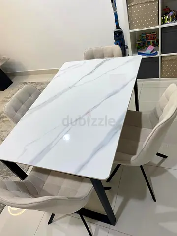 Modern Marble-Effect Dining Table with 6 Beige Upholstered Chairs