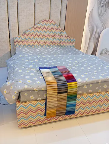 Queen Bed Frame with Floral Mattress and Chevron Headboard - Good Condition