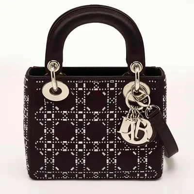 Authentic Dior Lady Dior Crystal Mini Black Cannage Satin Tote