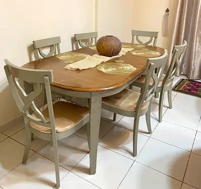 Wooden 6-Seater Dining Table able to extend with Chairs - Light Grey Frame, Good Condition