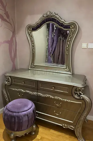 Silver Ornate Dressing Table with Mirror and Velvet Stool