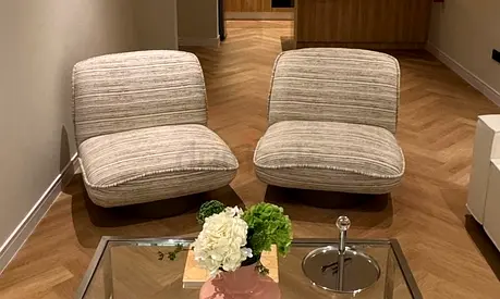 Pair Modern Lounge Chairs - Beige Striped Fabric