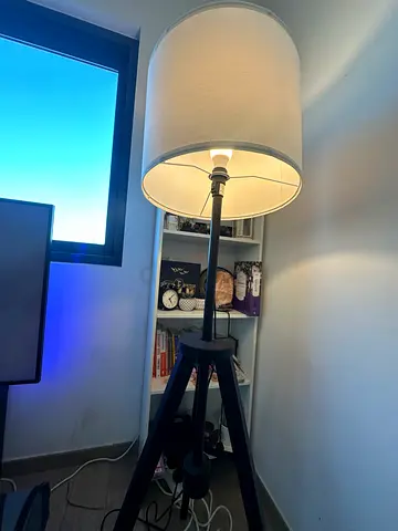 Wooden Tripod Floor Lamp with Linen Shade - Good Condition
