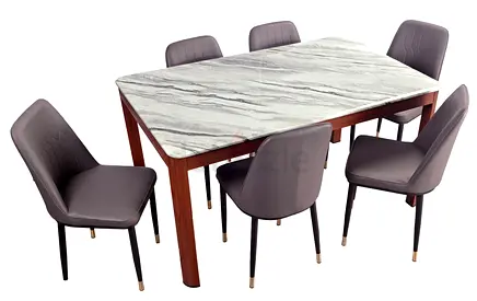 Wooden Dining Table with Marble Top + 6 Upholstered Chairs