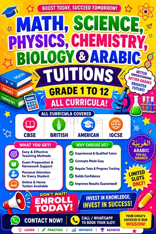MATH, SCIENCE, PHYSICS, CHEMISTRY, BIOLOGY, ARABIC -GRADE 1 TO 12 [ALL CURRICULA]