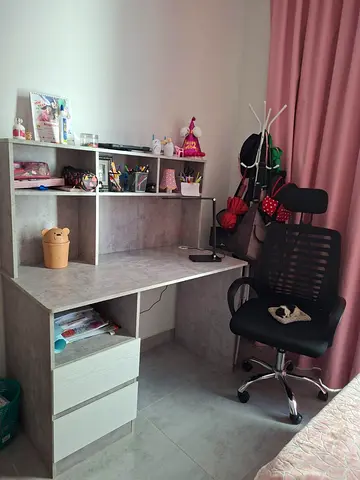 Compact Study Desk with Shelves and Drawers - Light Grey