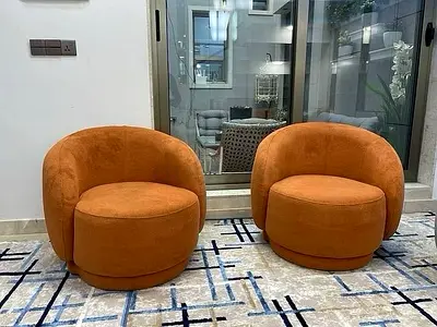 Pair of Orange Velvet Swivel Lounge Chairs - Modern Accent Seats