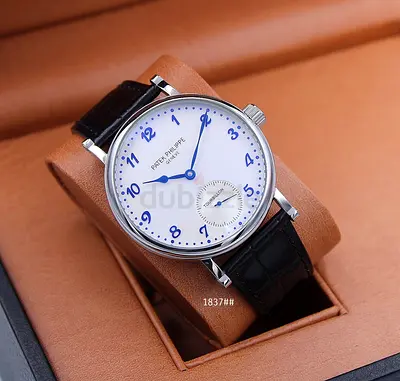 Patek Philippe-style Men’s Leather Strap Master Copy Watch – Classic White Dial with Blue Numerals