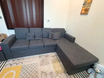 Grey L-shaped Fabric Sofa with Chaise - Good Condition