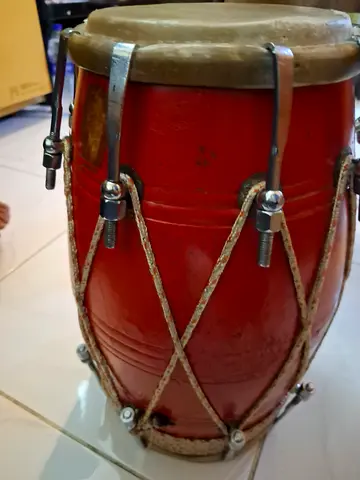 Handheld red rope-tuned drum - good condition with free cover