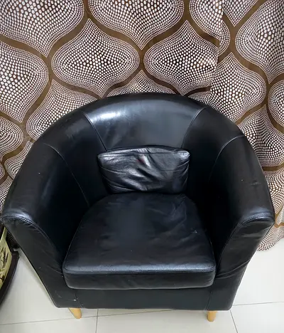 Black Leather Tub Chair with Cushion - Compact Armchair